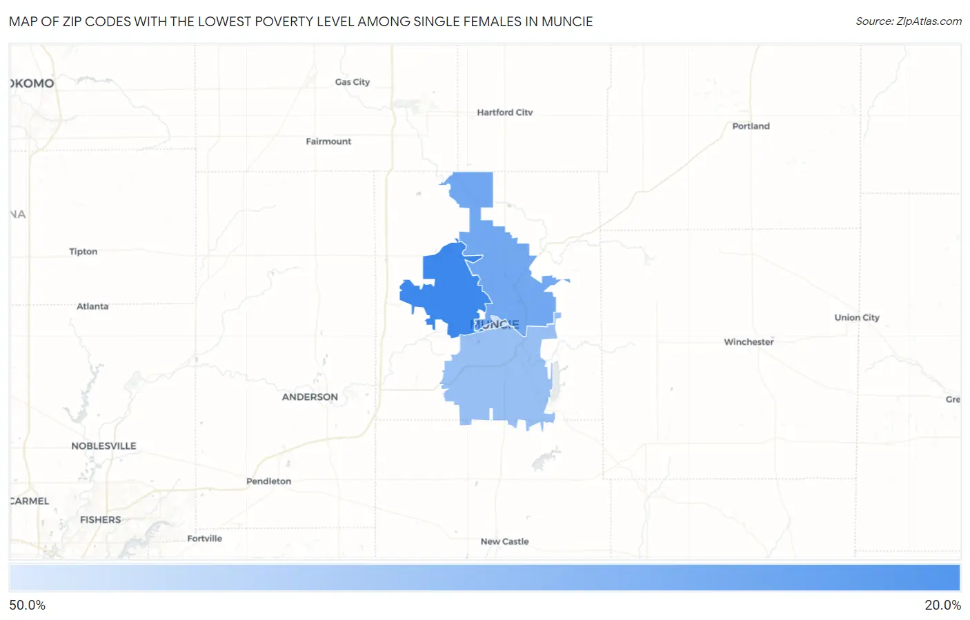 Zip Codes with the Lowest Poverty Level Among Single Females in Muncie Map