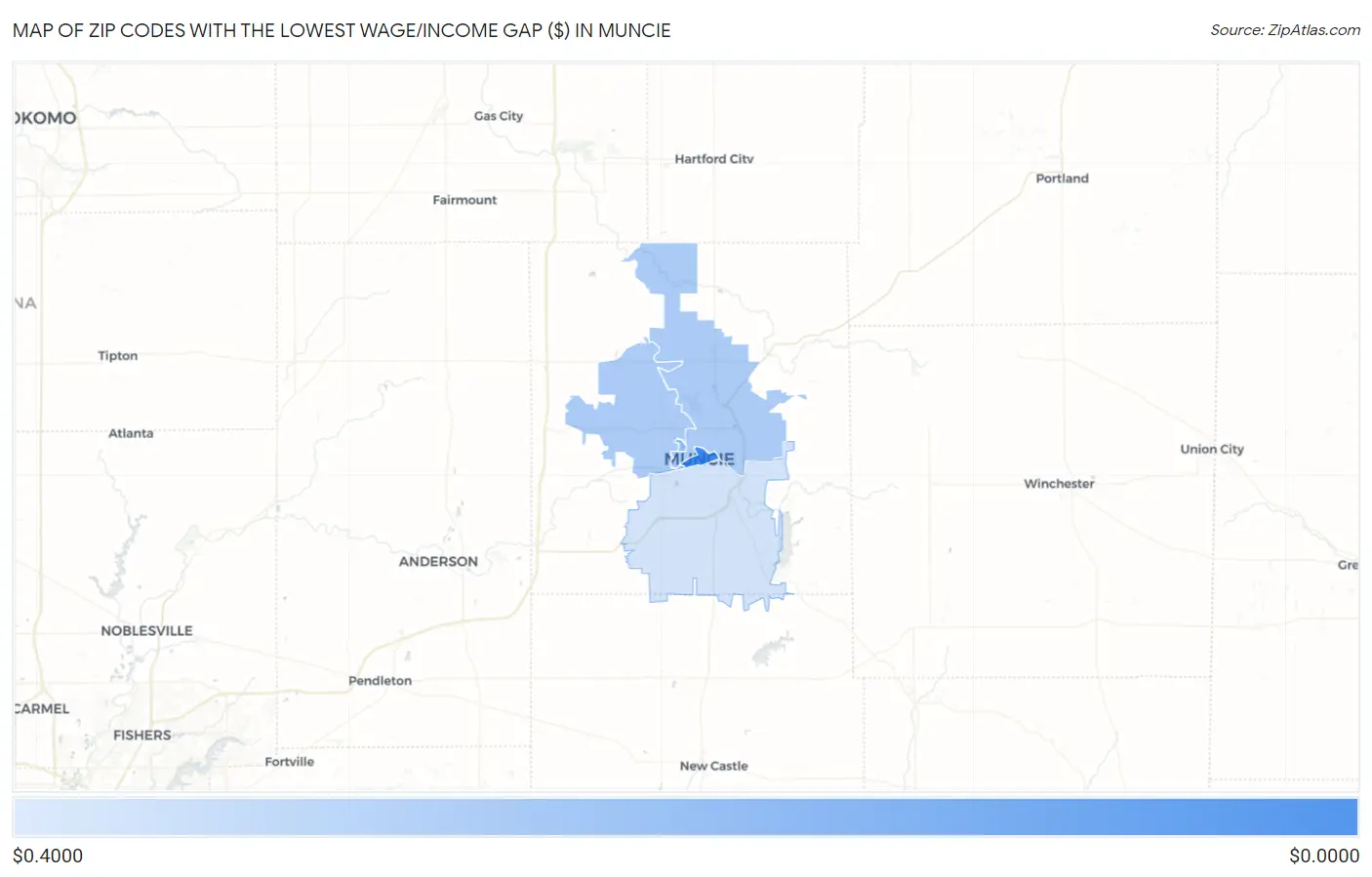 Zip Codes with the Lowest Wage/Income Gap ($) in Muncie Map