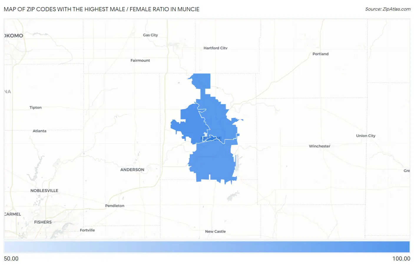 Zip Codes with the Highest Male / Female Ratio in Muncie Map