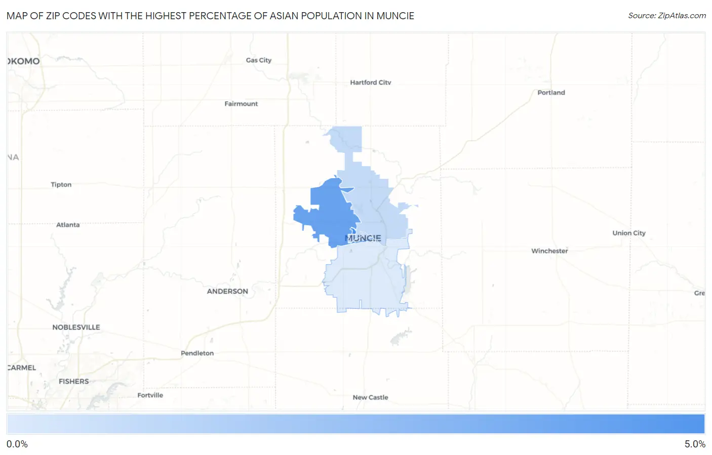 Zip Codes with the Highest Percentage of Asian Population in Muncie Map