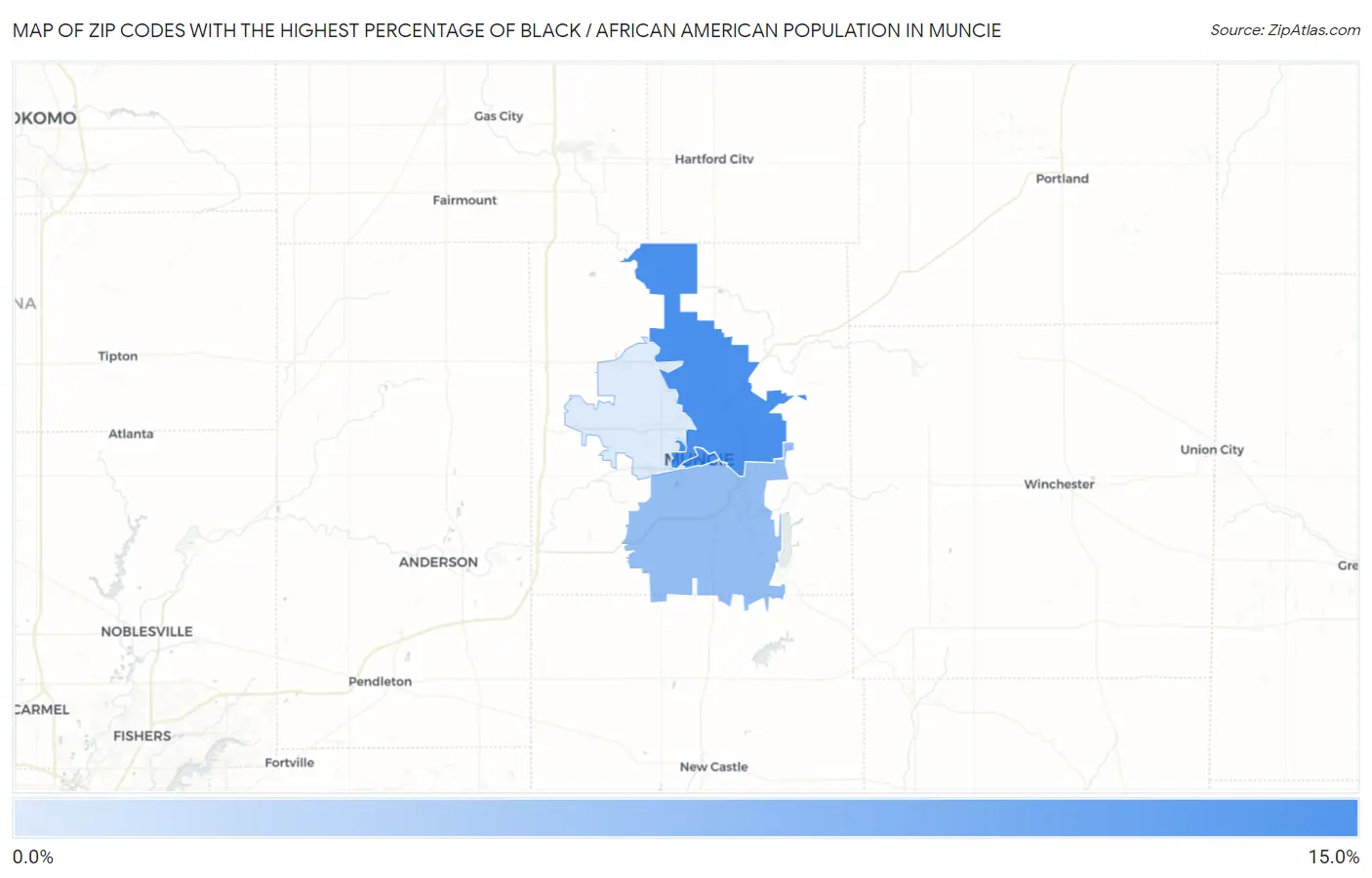 Zip Codes with the Highest Percentage of Black / African American Population in Muncie Map