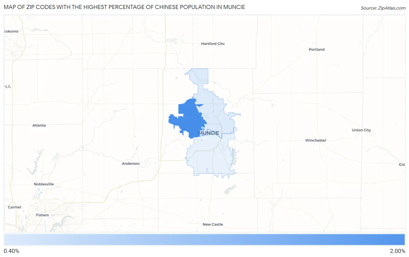 Zip Codes with the Highest Percentage of Chinese Population in Muncie Map