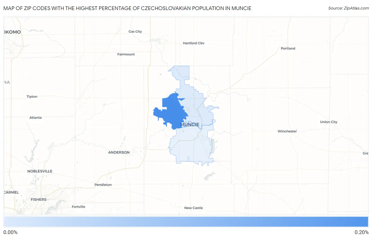 Zip Codes with the Highest Percentage of Czechoslovakian Population in Muncie Map