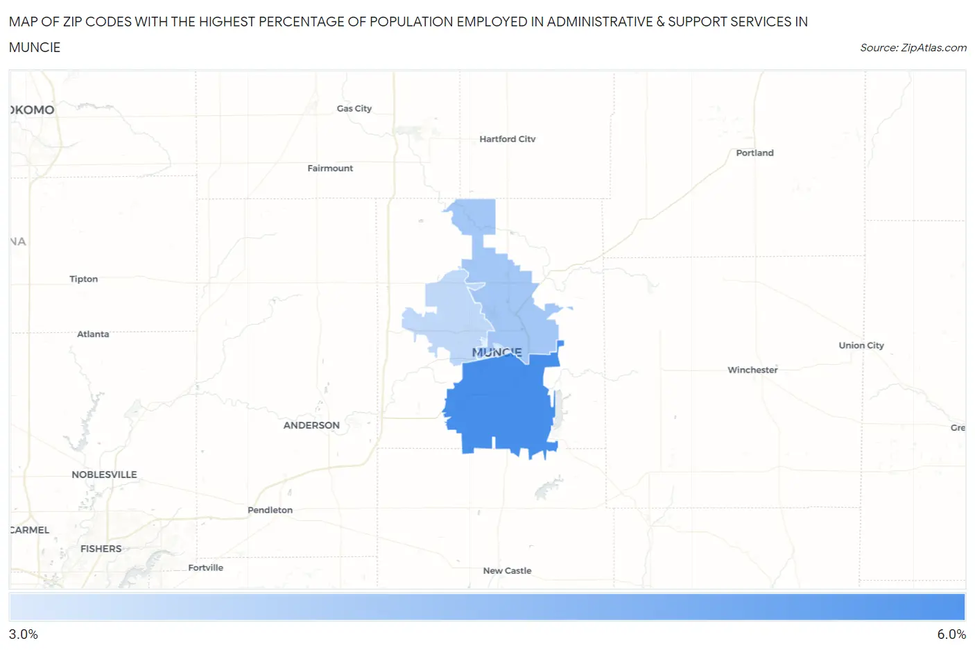 Zip Codes with the Highest Percentage of Population Employed in Administrative & Support Services in Muncie Map