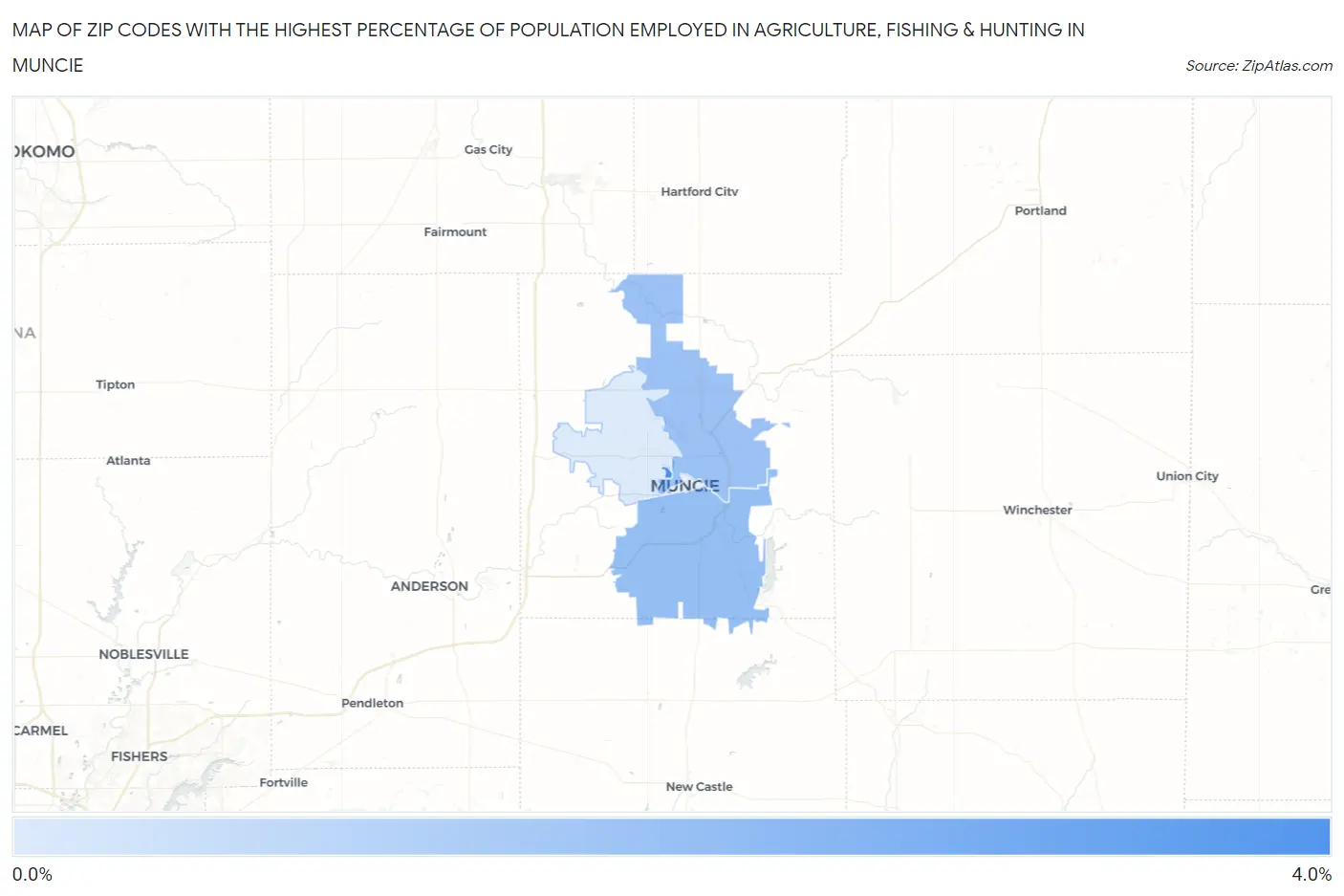 Zip Codes with the Highest Percentage of Population Employed in Agriculture, Fishing & Hunting in Muncie Map