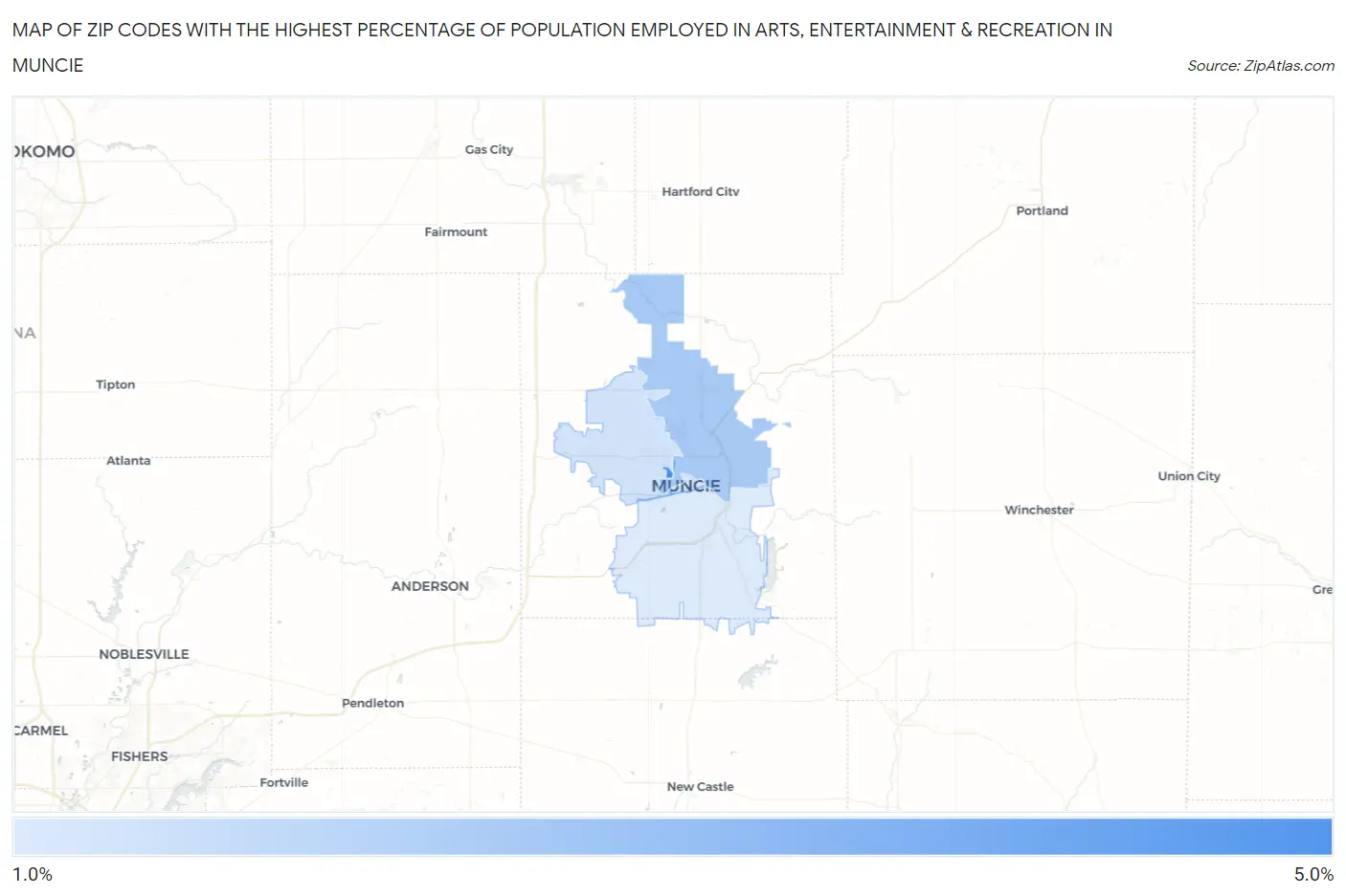 Zip Codes with the Highest Percentage of Population Employed in Arts, Entertainment & Recreation in Muncie Map