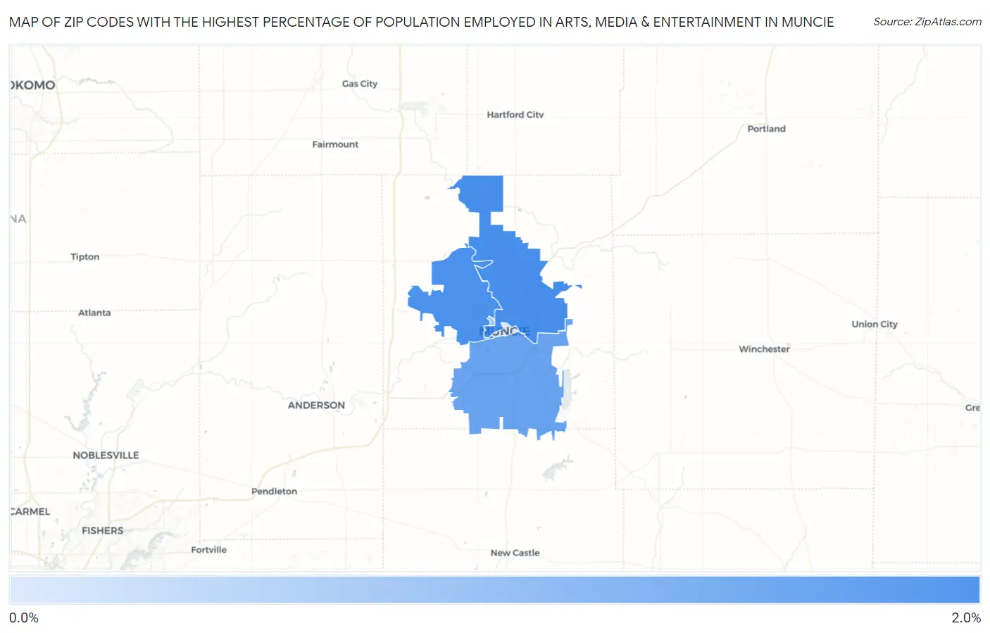 Zip Codes with the Highest Percentage of Population Employed in Arts, Media & Entertainment in Muncie Map