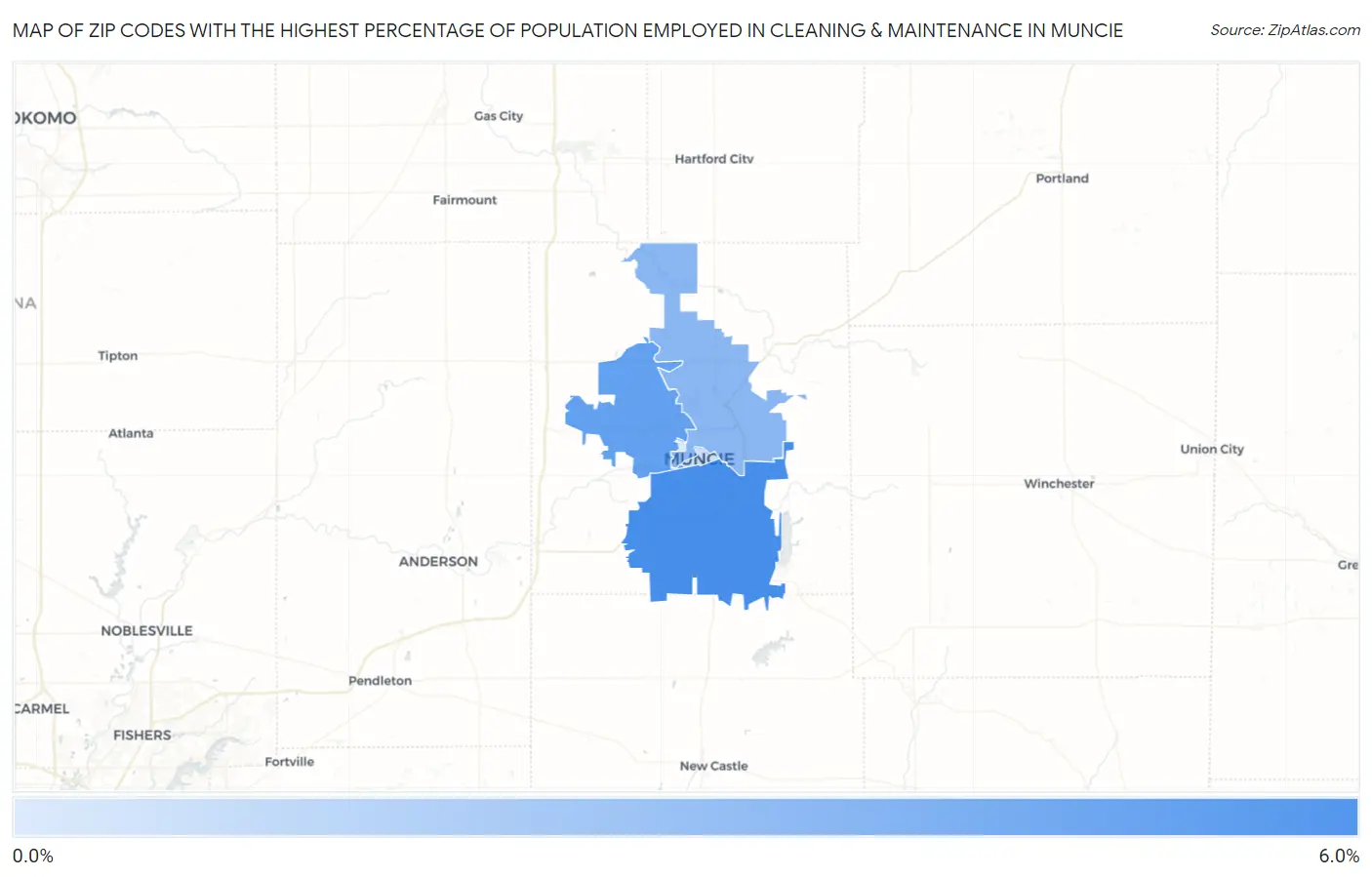 Zip Codes with the Highest Percentage of Population Employed in Cleaning & Maintenance in Muncie Map