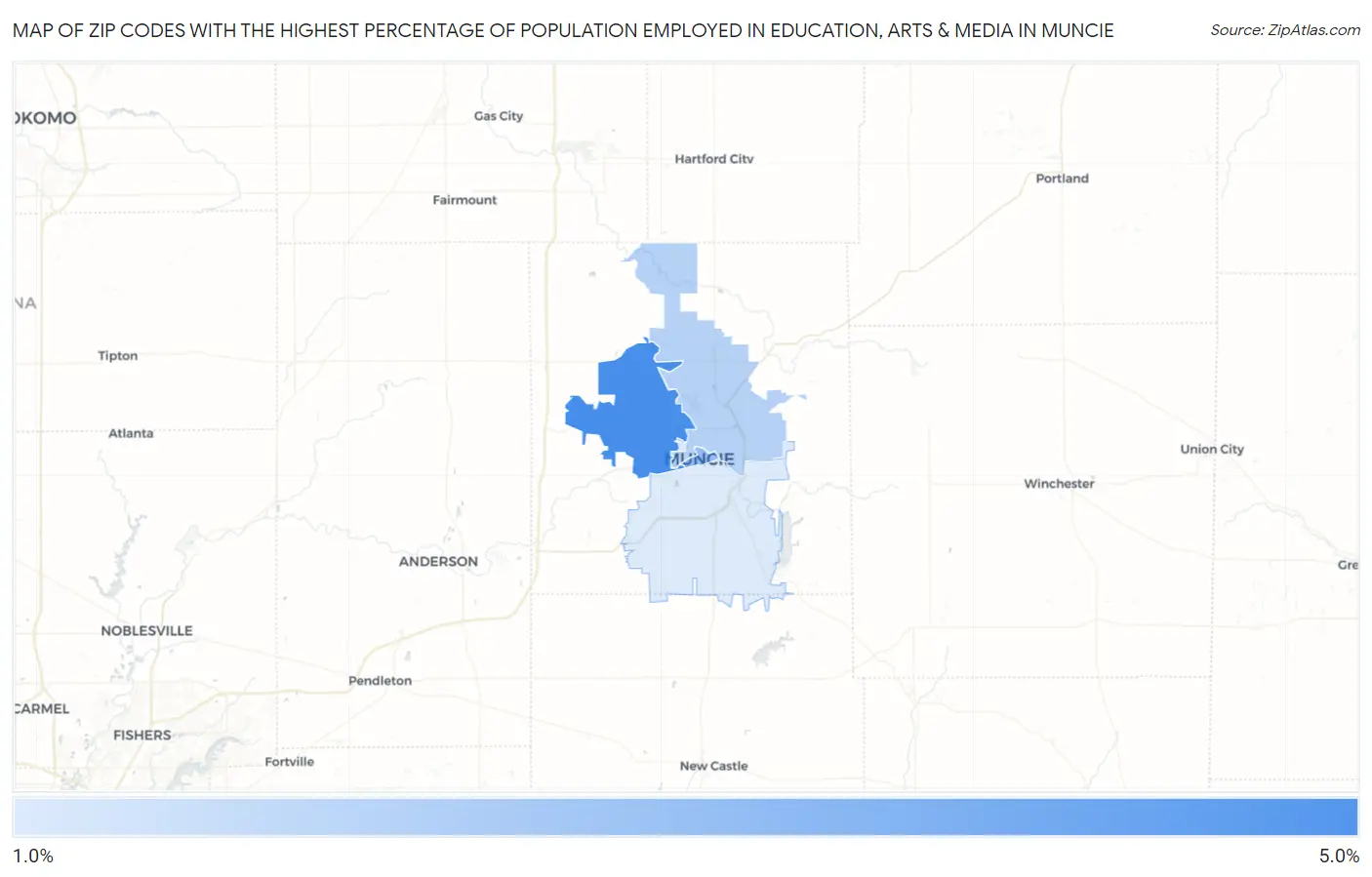 Zip Codes with the Highest Percentage of Population Employed in Education, Arts & Media in Muncie Map