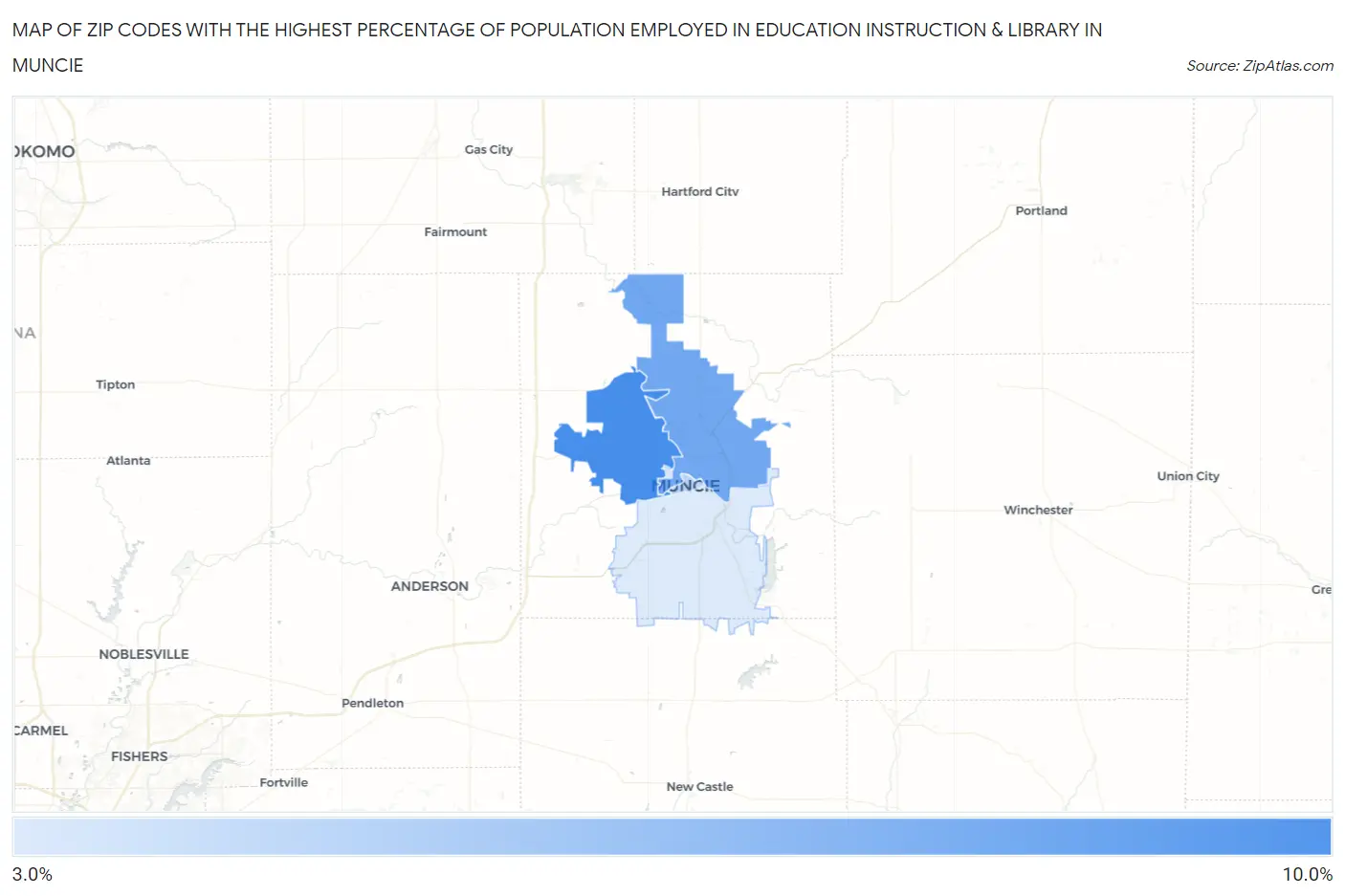 Zip Codes with the Highest Percentage of Population Employed in Education Instruction & Library in Muncie Map
