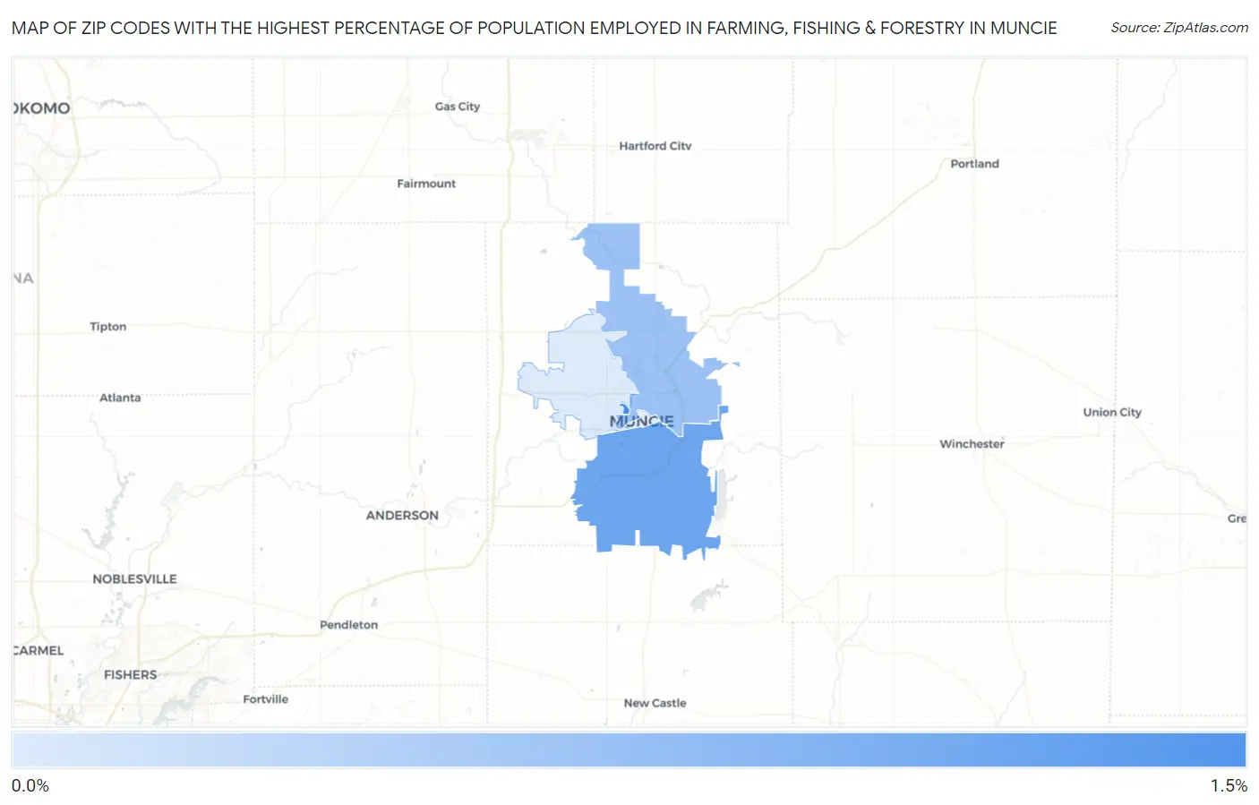 Zip Codes with the Highest Percentage of Population Employed in Farming, Fishing & Forestry in Muncie Map