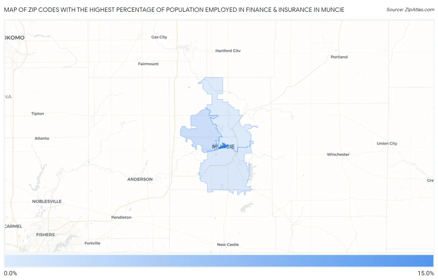 Zip Codes with the Highest Percentage of Population Employed in Finance & Insurance in Muncie Map