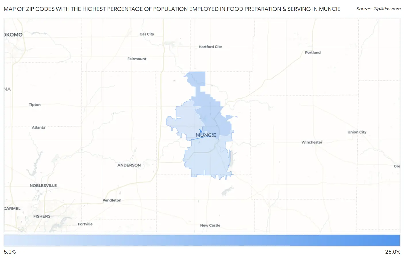 Zip Codes with the Highest Percentage of Population Employed in Food Preparation & Serving in Muncie Map