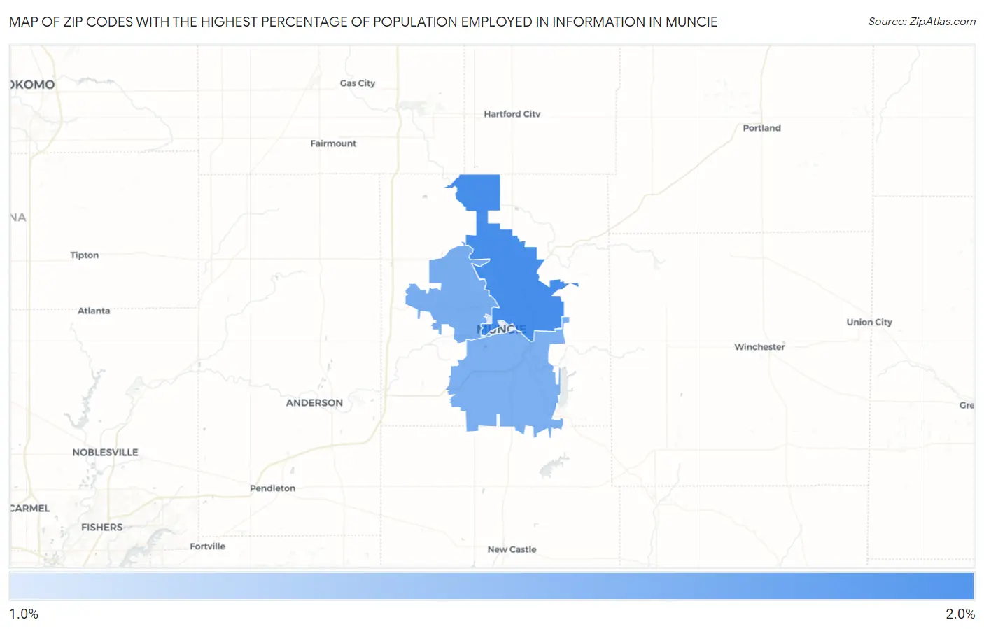 Zip Codes with the Highest Percentage of Population Employed in Information in Muncie Map