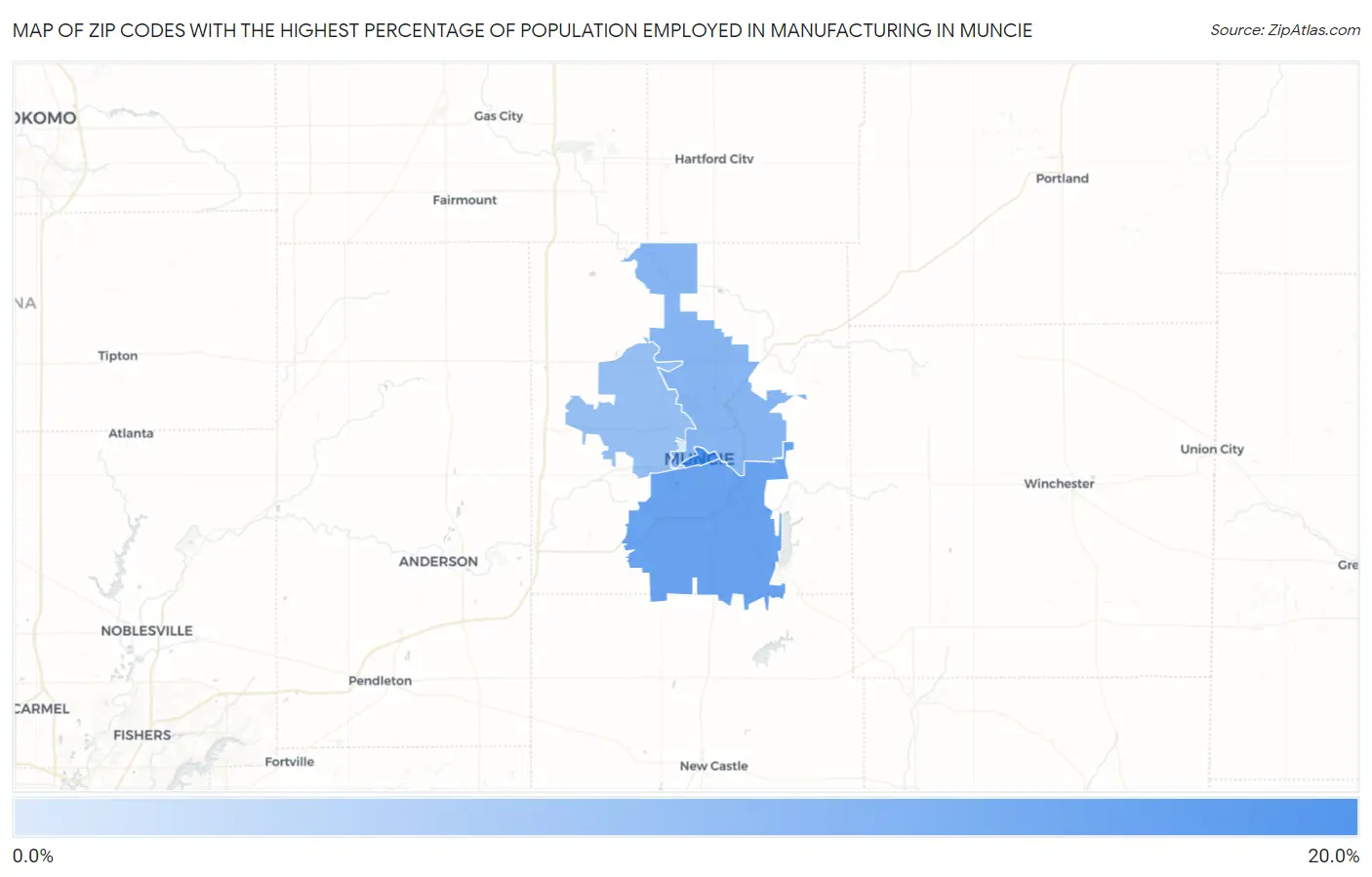 Zip Codes with the Highest Percentage of Population Employed in Manufacturing in Muncie Map