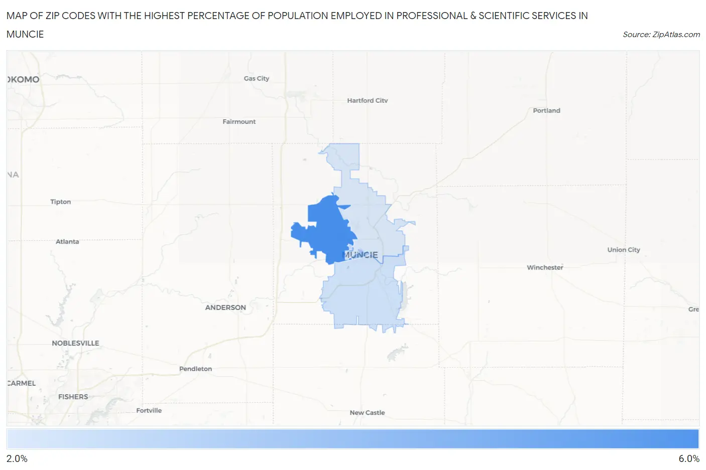 Zip Codes with the Highest Percentage of Population Employed in Professional & Scientific Services in Muncie Map