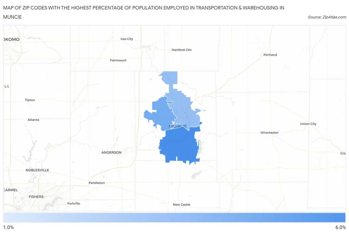 Zip Codes with the Highest Percentage of Population Employed in Transportation & Warehousing in Muncie Map