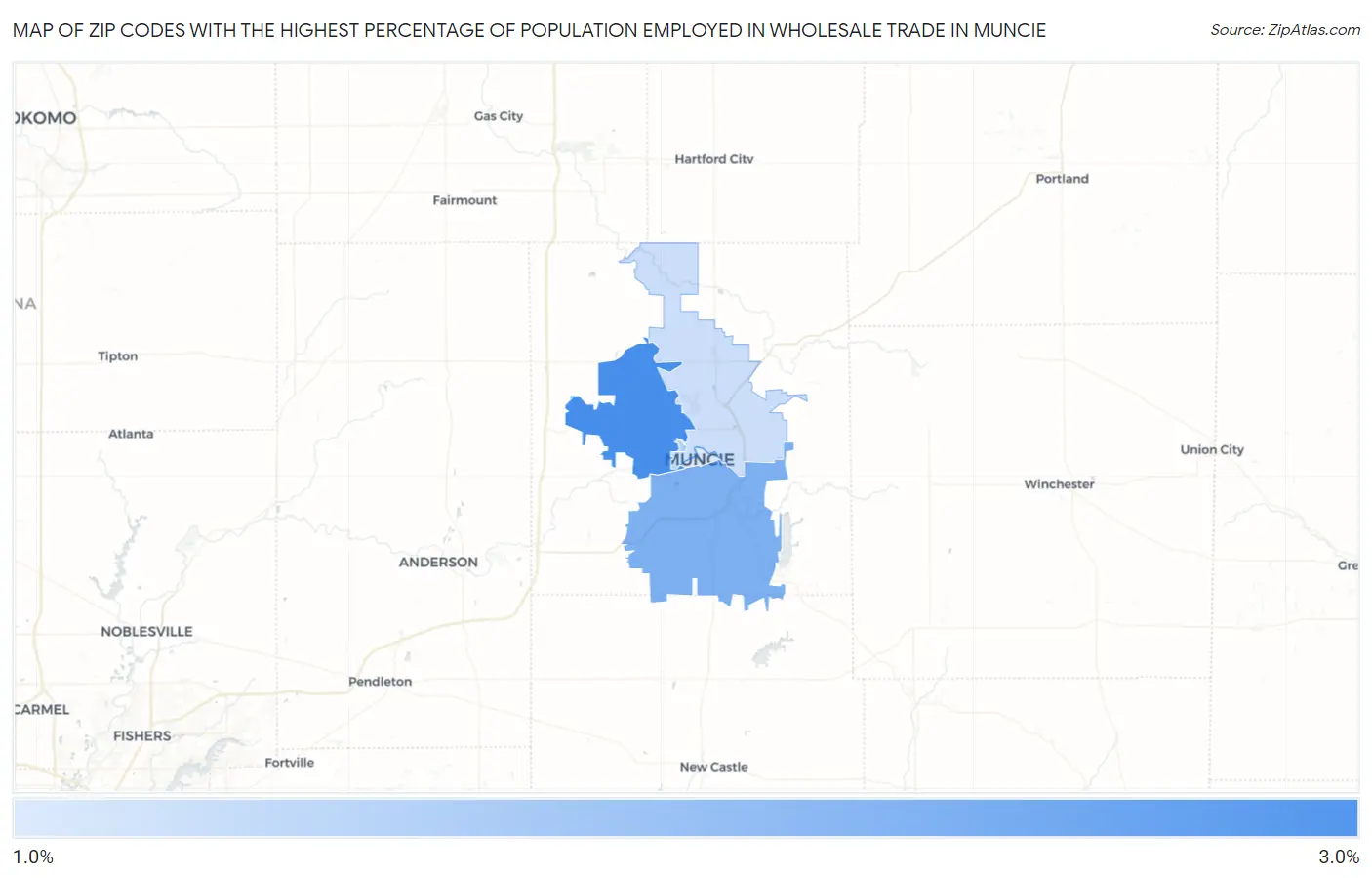 Zip Codes with the Highest Percentage of Population Employed in Wholesale Trade in Muncie Map