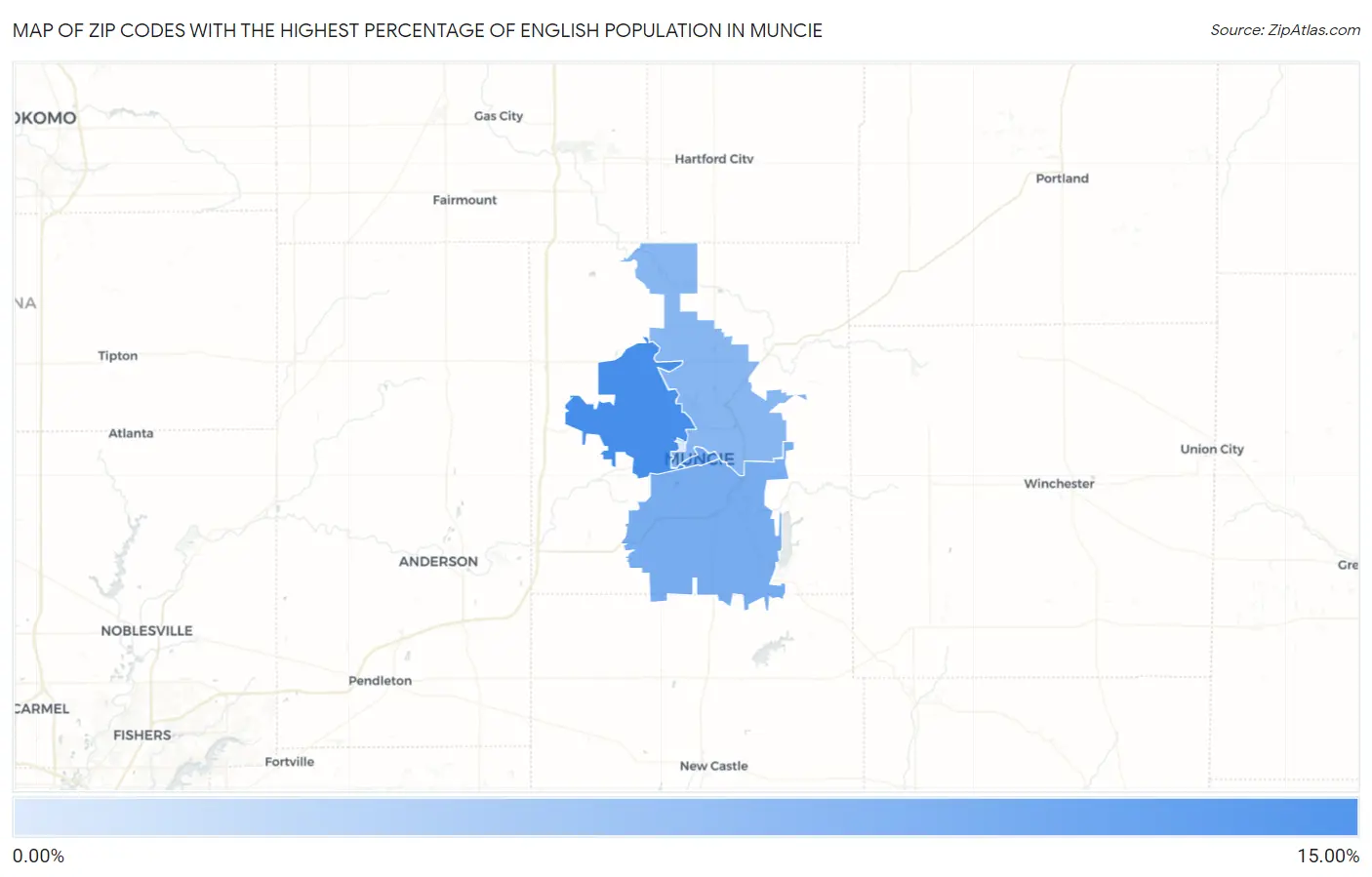 Zip Codes with the Highest Percentage of English Population in Muncie Map