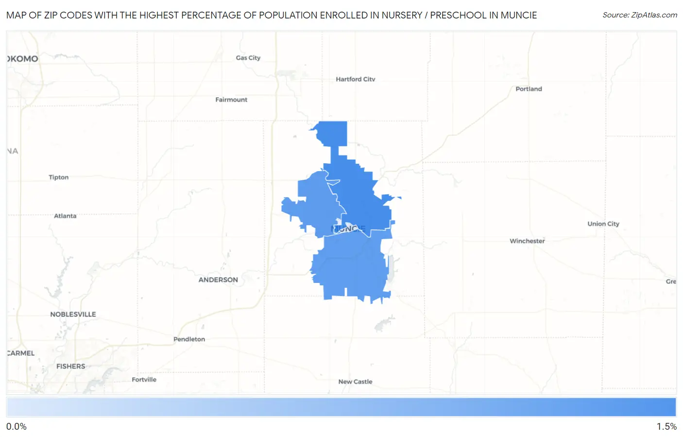 Zip Codes with the Highest Percentage of Population Enrolled in Nursery / Preschool in Muncie Map