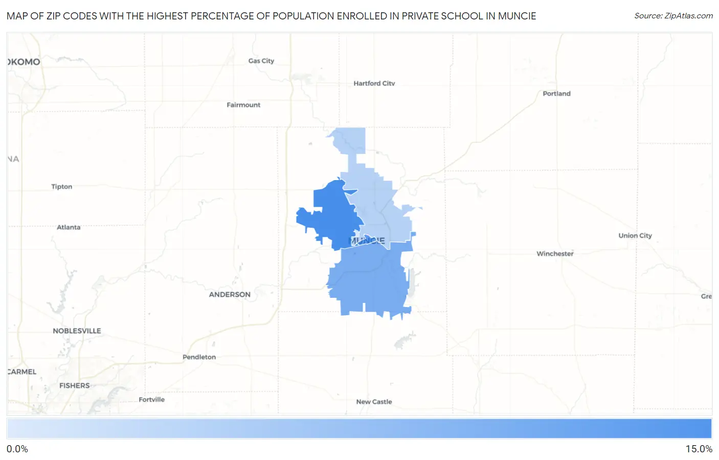 Zip Codes with the Highest Percentage of Population Enrolled in Private School in Muncie Map