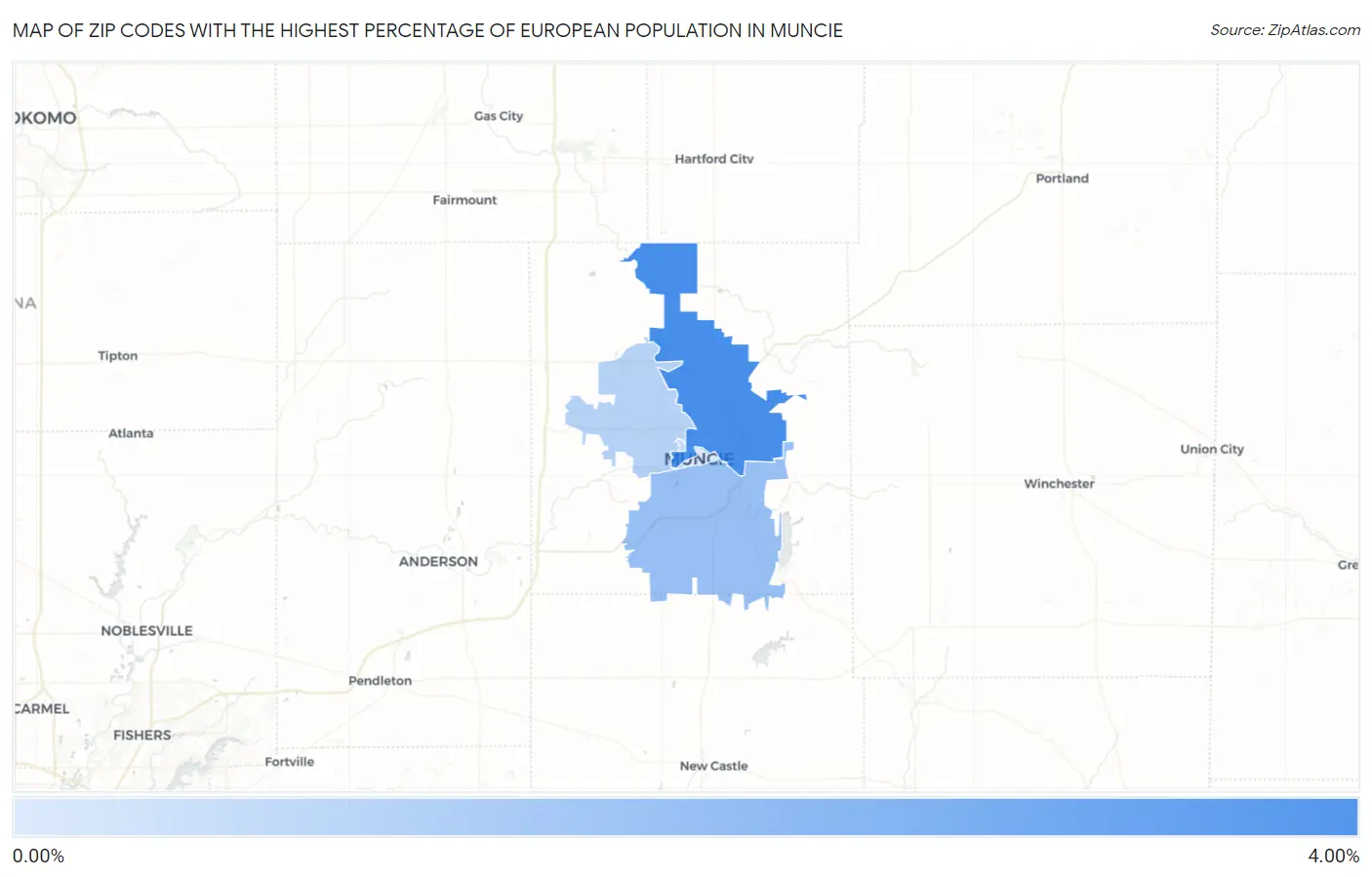 Zip Codes with the Highest Percentage of European Population in Muncie Map