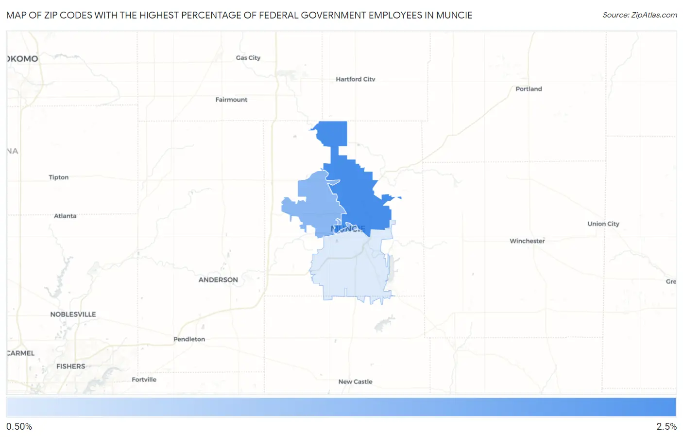 Zip Codes with the Highest Percentage of Federal Government Employees in Muncie Map