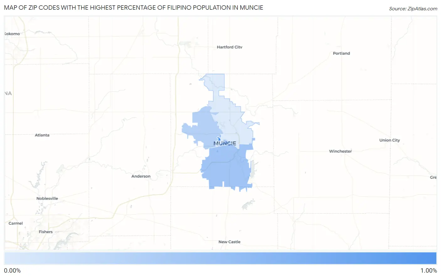 Zip Codes with the Highest Percentage of Filipino Population in Muncie Map