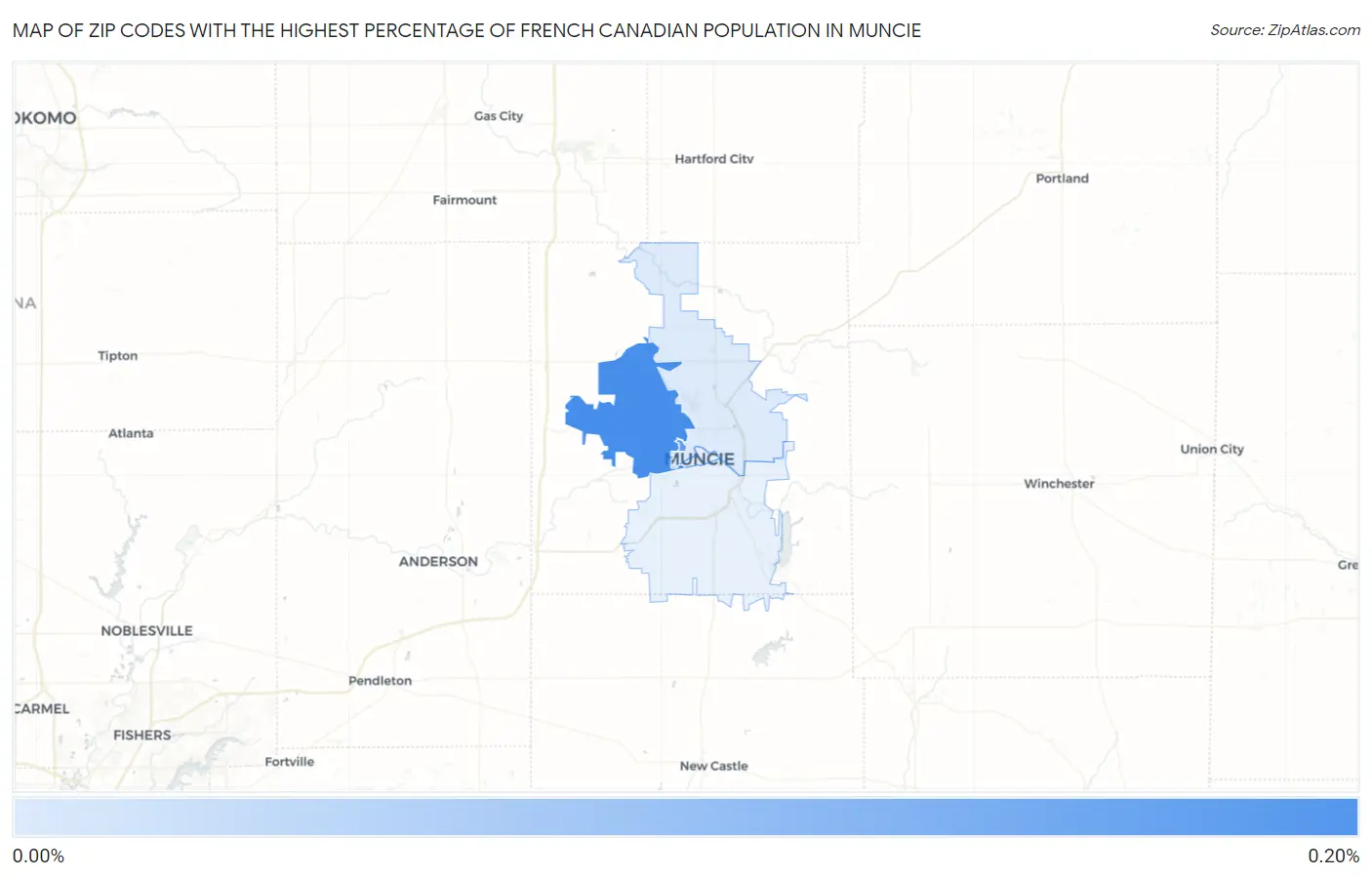 Zip Codes with the Highest Percentage of French Canadian Population in Muncie Map
