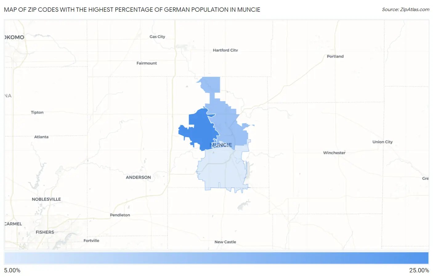 Zip Codes with the Highest Percentage of German Population in Muncie Map