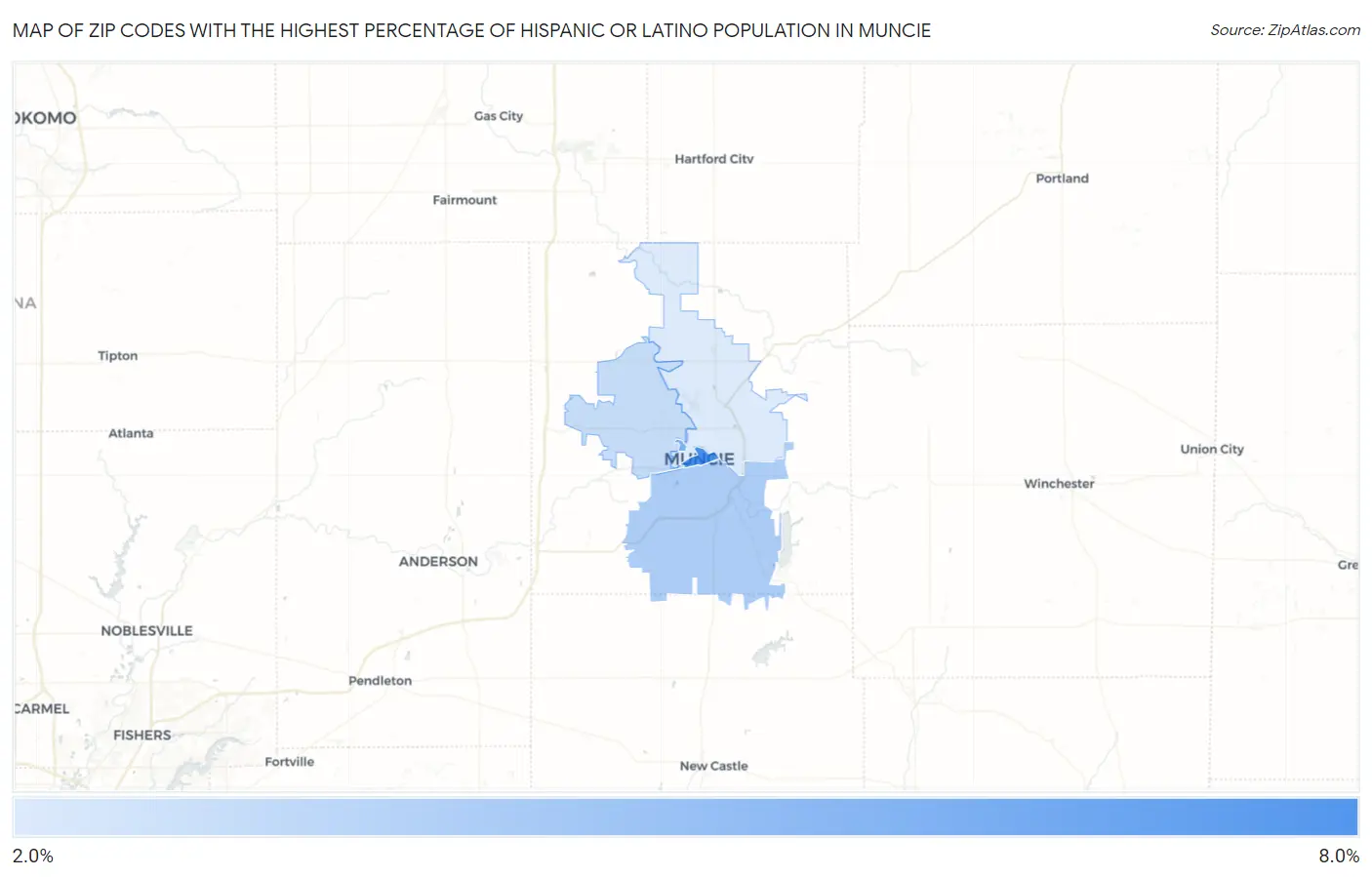 Zip Codes with the Highest Percentage of Hispanic or Latino Population in Muncie Map