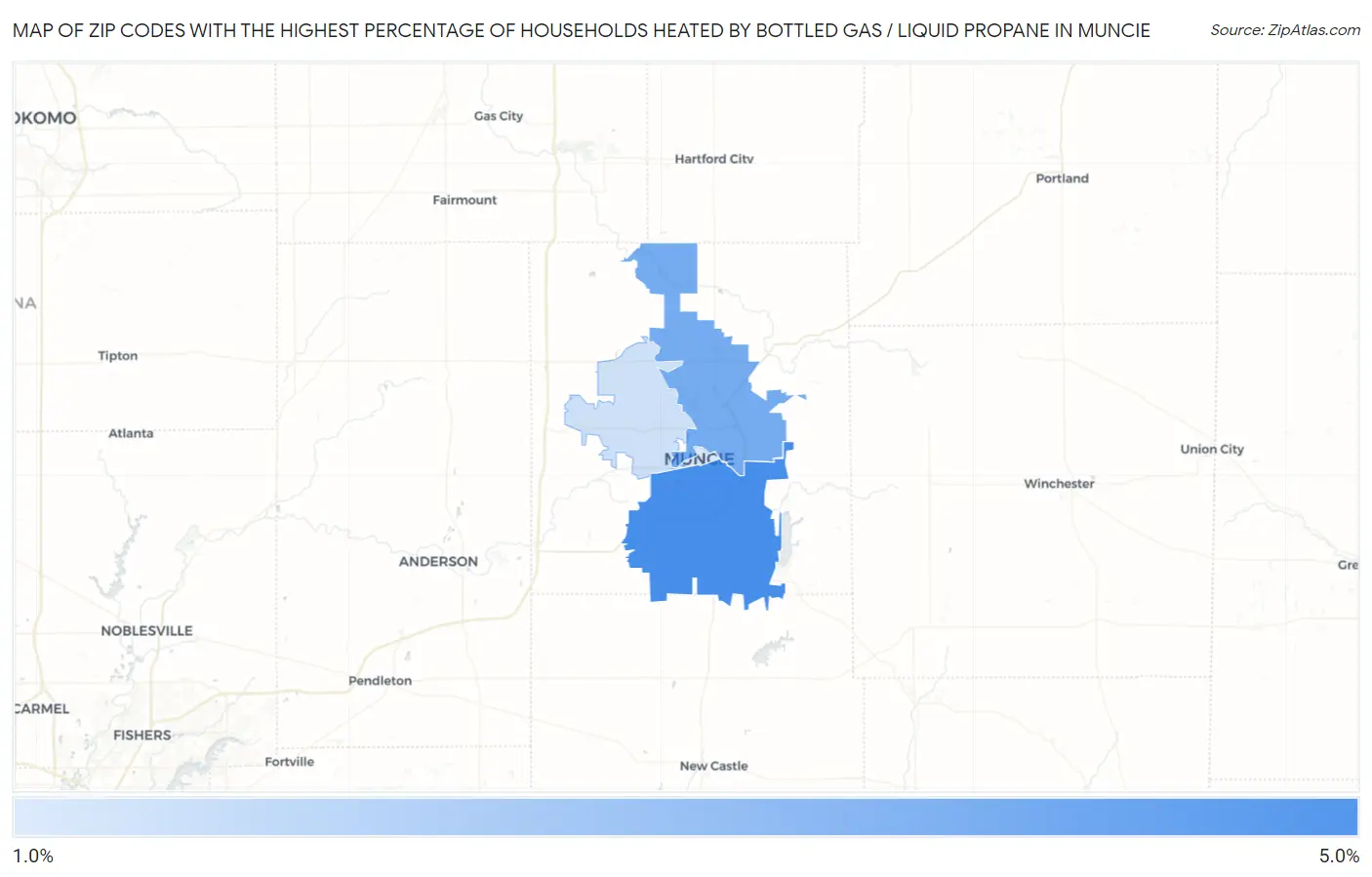 Zip Codes with the Highest Percentage of Households Heated by Bottled Gas / Liquid Propane in Muncie Map