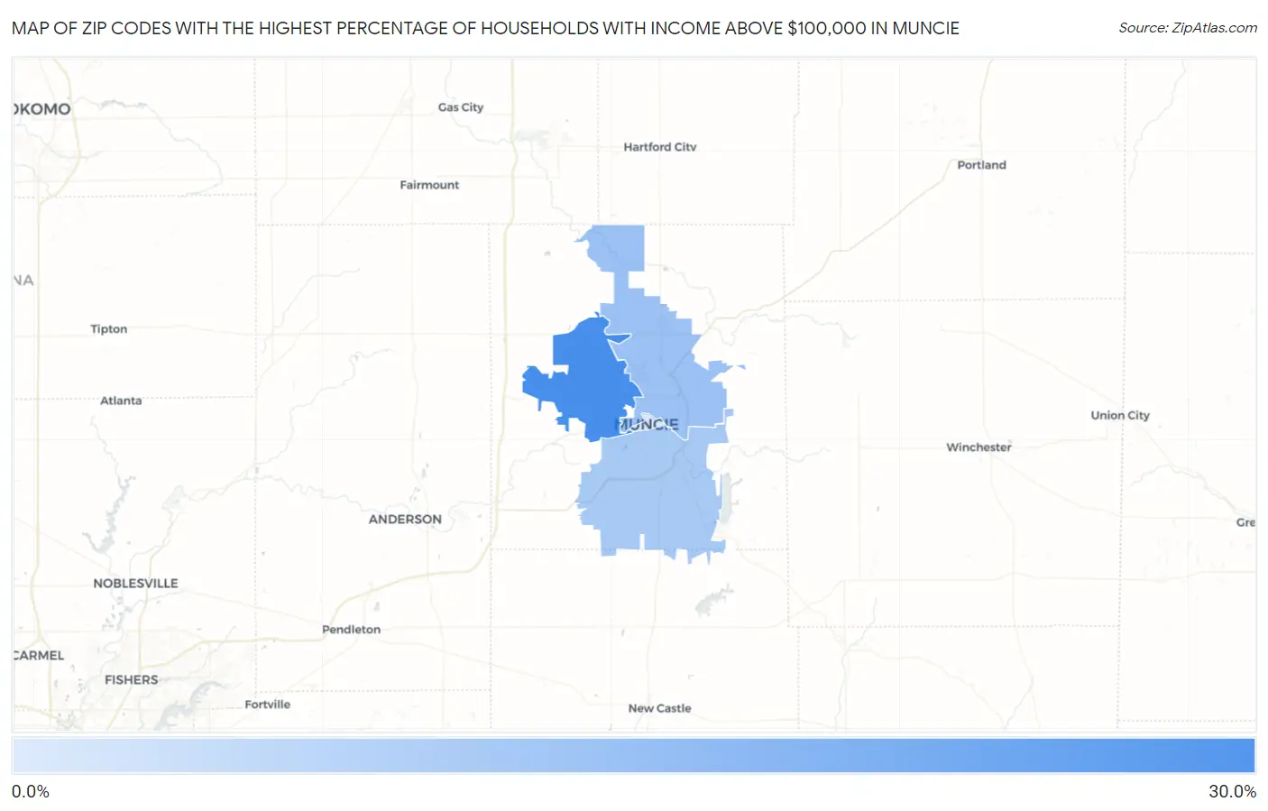 Zip Codes with the Highest Percentage of Households with Income Above $100,000 in Muncie Map