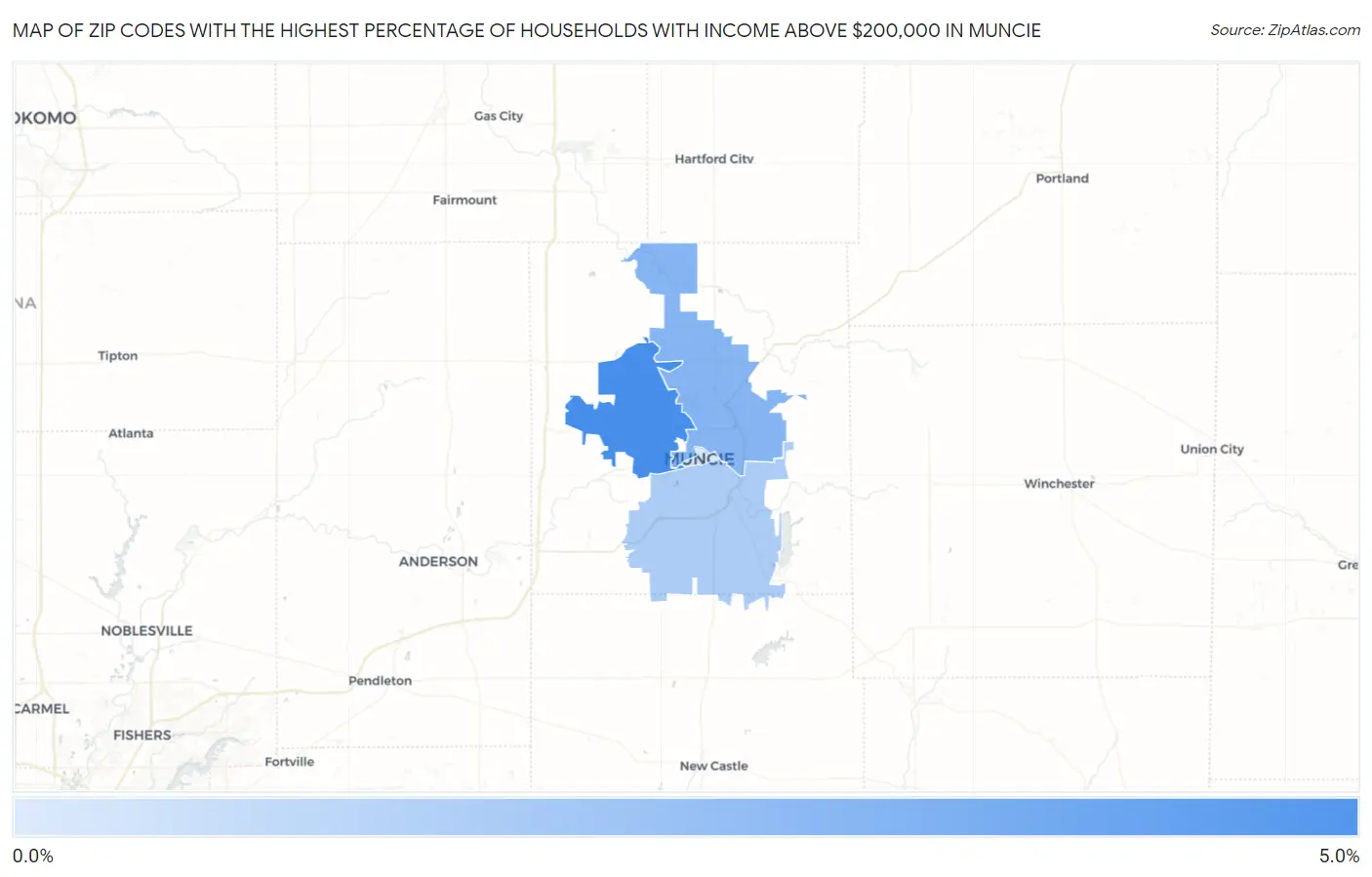 Zip Codes with the Highest Percentage of Households with Income Above $200,000 in Muncie Map