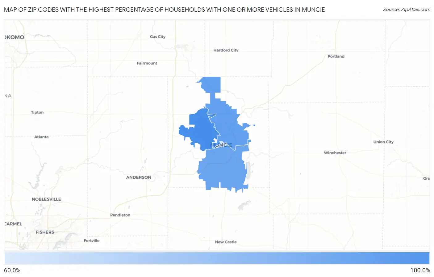 Zip Codes with the Highest Percentage of Households With One or more Vehicles in Muncie Map