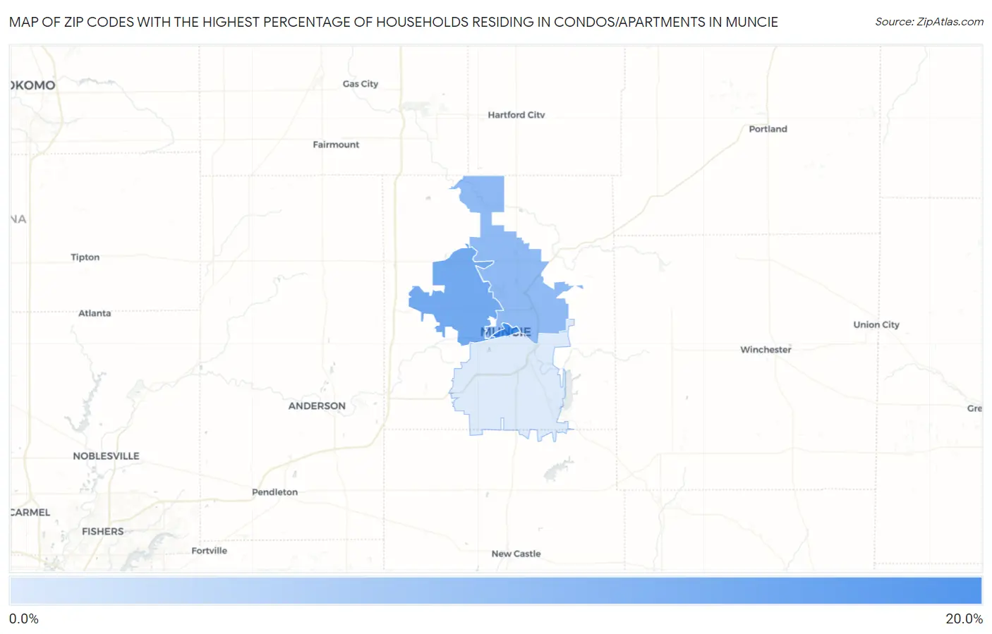 Zip Codes with the Highest Percentage of Households Residing in Condos/Apartments in Muncie Map