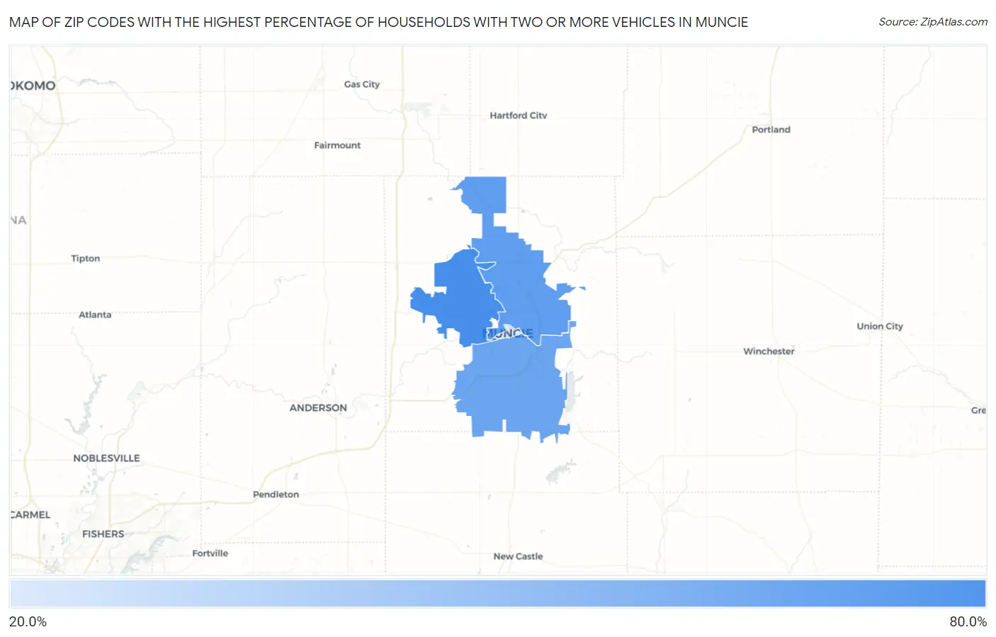 Zip Codes with the Highest Percentage of Households With Two or more Vehicles in Muncie Map