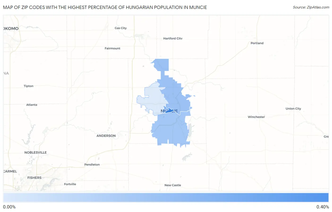 Zip Codes with the Highest Percentage of Hungarian Population in Muncie Map