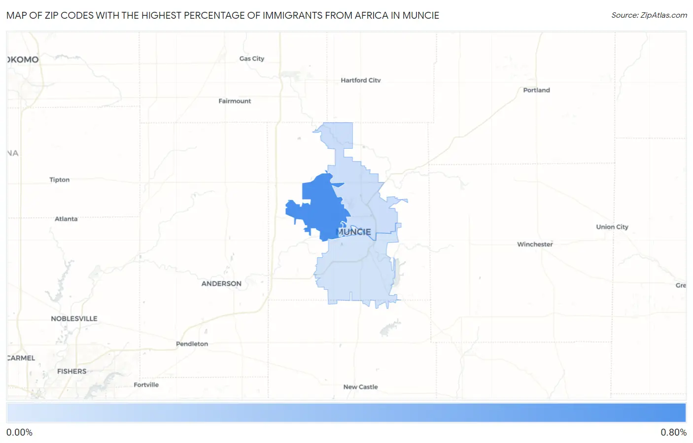 Zip Codes with the Highest Percentage of Immigrants from Africa in Muncie Map
