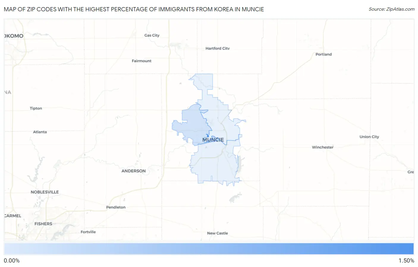 Zip Codes with the Highest Percentage of Immigrants from Korea in Muncie Map