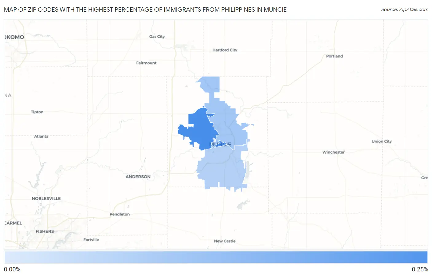 Zip Codes with the Highest Percentage of Immigrants from Philippines in Muncie Map