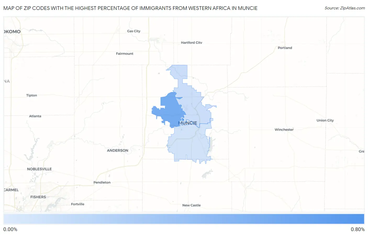 Zip Codes with the Highest Percentage of Immigrants from Western Africa in Muncie Map