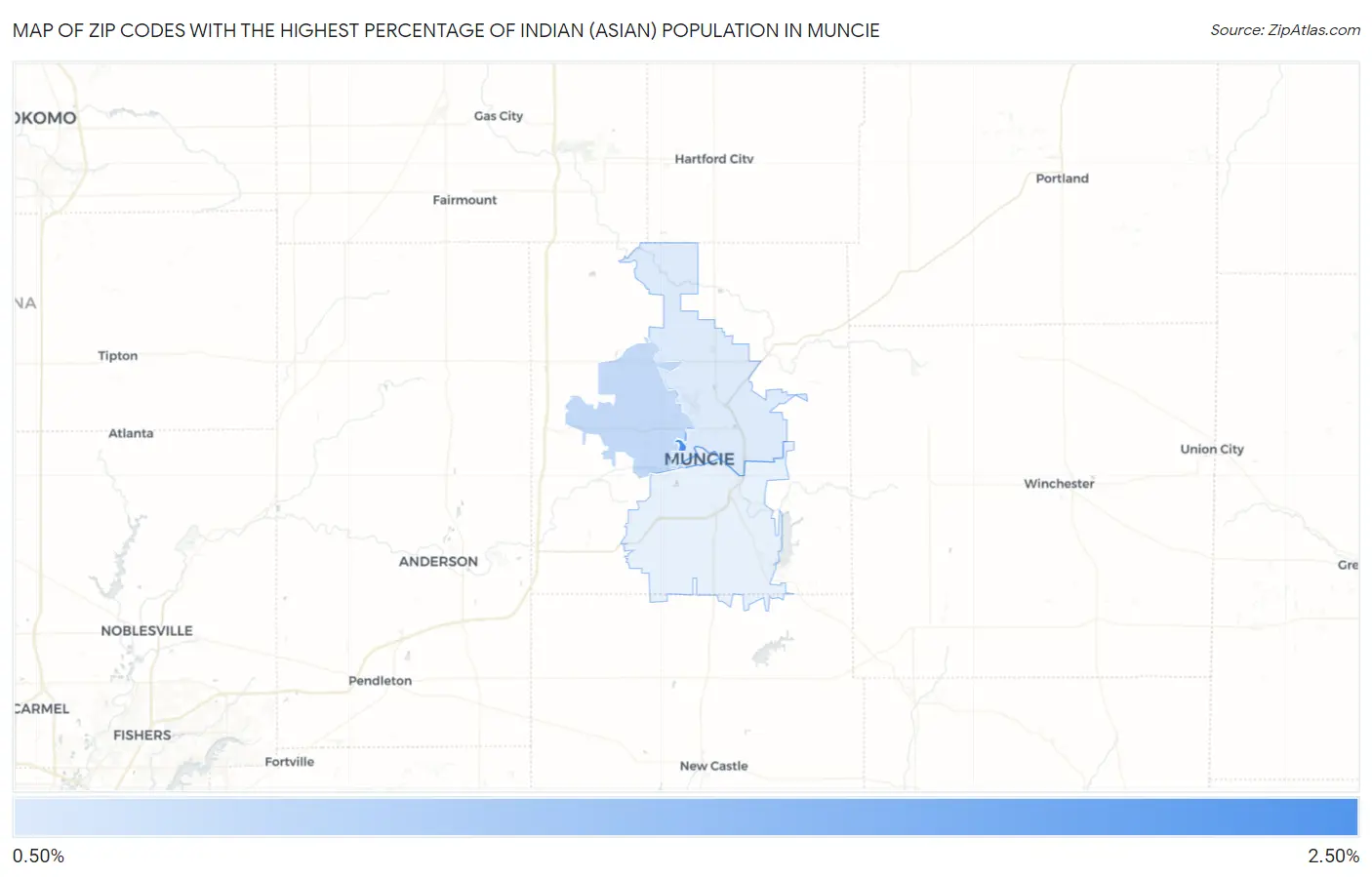 Zip Codes with the Highest Percentage of Indian (Asian) Population in Muncie Map