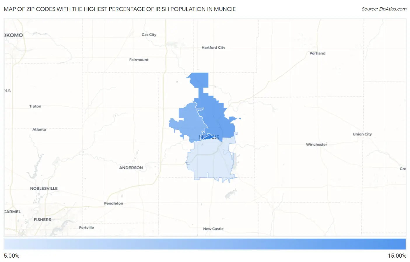 Zip Codes with the Highest Percentage of Irish Population in Muncie Map