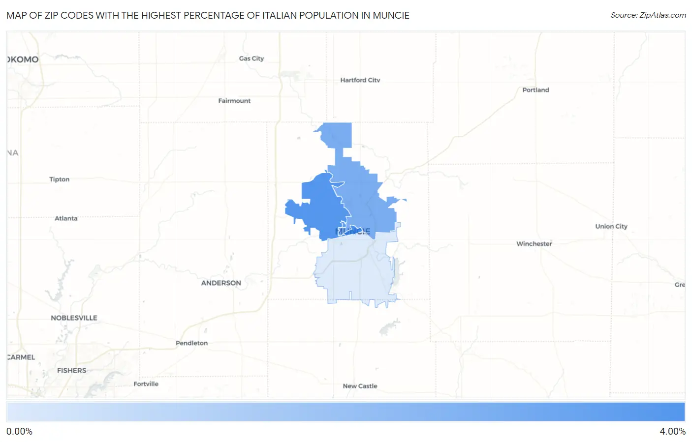 Zip Codes with the Highest Percentage of Italian Population in Muncie Map