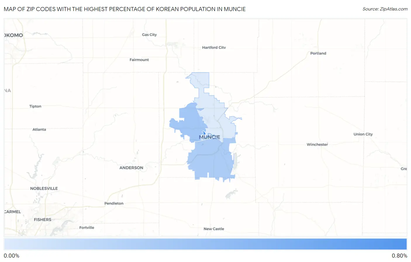 Zip Codes with the Highest Percentage of Korean Population in Muncie Map