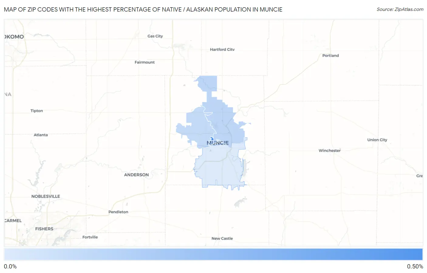 Zip Codes with the Highest Percentage of Native / Alaskan Population in Muncie Map