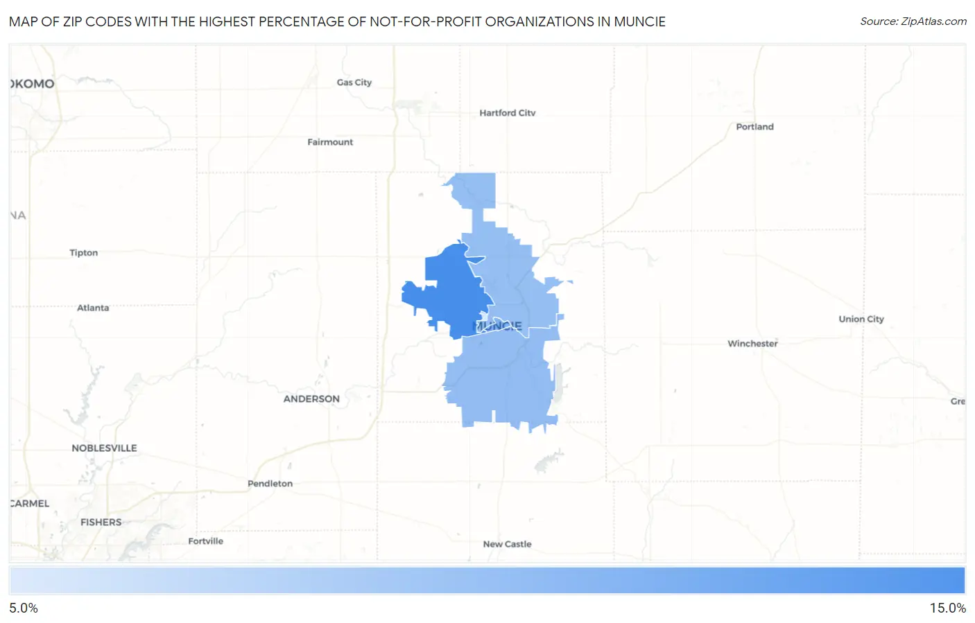 Zip Codes with the Highest Percentage of Not-for-profit Organizations in Muncie Map