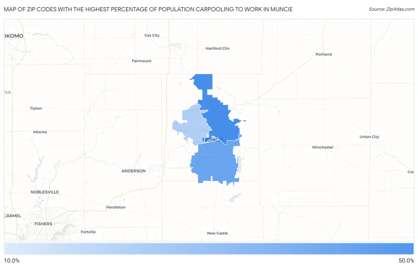 Zip Codes with the Highest Percentage of Population Carpooling to Work in Muncie Map