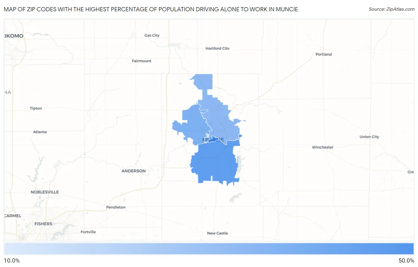 Zip Codes with the Highest Percentage of Population Driving Alone to Work in Muncie Map
